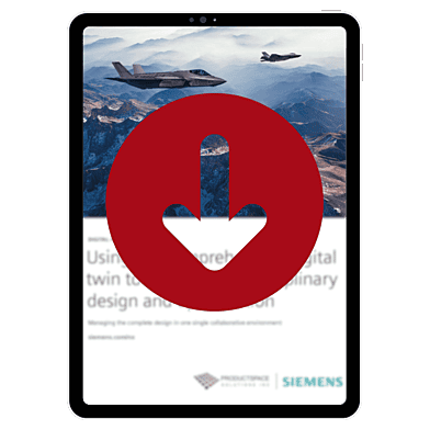 Download the Siemens NX eBook on using the comprehensive digital twin for multidisciplinary design and optimization – shown on a digital tablet with fighter jet illustration.